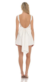High Neck Back Bow Dress In White