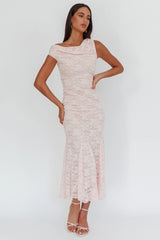 Diana Asymmetric Shoulder Godet Maxi Dress Lace Pink