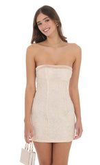 Strapless Floral Shimmer Sequin Dress in Cream