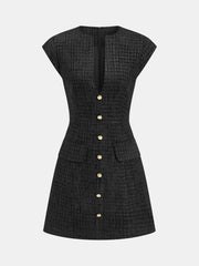 Metal Button Tweed Sleeveless Mini Dress