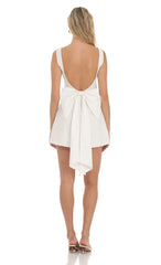 High Neck Back Bow Dress In White